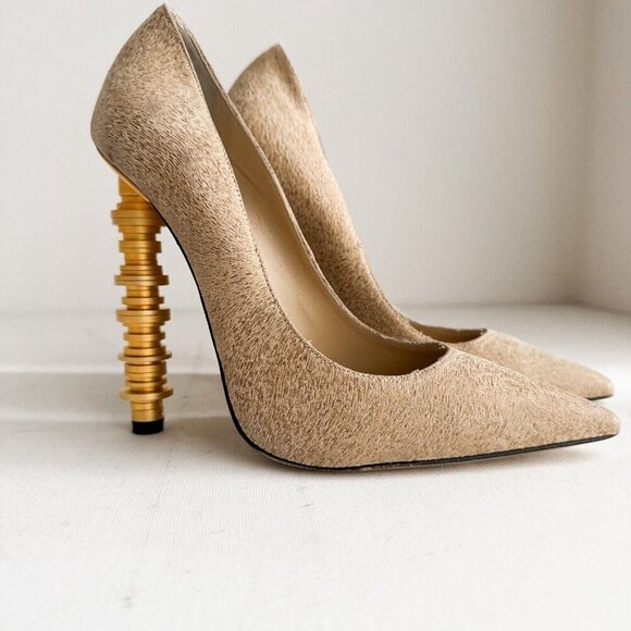 Julia Haart Nude Beige Pointy Toe Unique Heel High Heels 38.5 - Picture 3 of 11